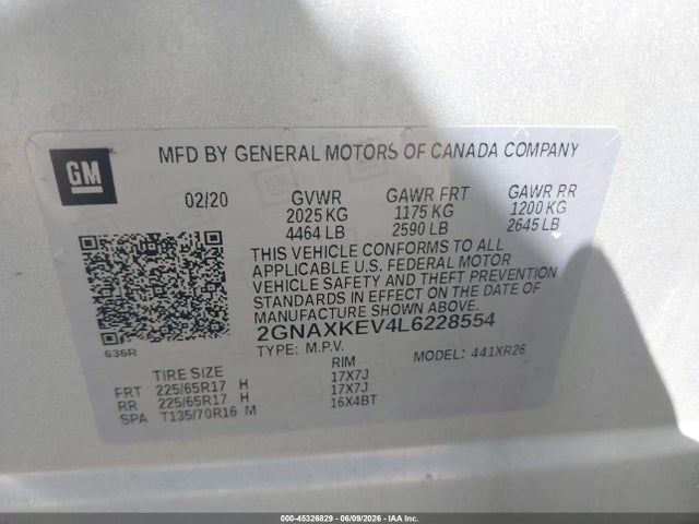2GNAXKEV4L6228554 Chevrolet Equinox Fwd Lt 1.5l Turbo