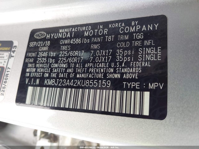 Aukcja sprzedaży 2019 Hyundai Tucson Se, vin: KM8J23A42KU855159, numer aukcji: 45326833