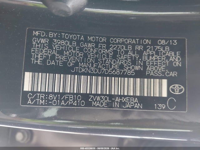 Aukcja sprzedaży 2013 Toyota Prius Three, vin: JTDKN3DU7D5687785, numer aukcji: 45326835