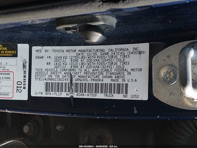 Aukcja sprzedaży 2006 Toyota Tacoma Base V6, vin: 5TELU42N86Z192245, numer aukcji: 45326841
