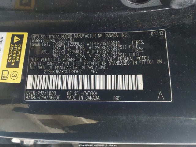 Aukcja sprzedaży 2012 Lexus Rx 350, vin: 2T2BK1BA8CC139362, numer aukcji: 45326842