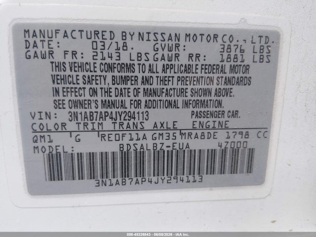 Aukcja sprzedaży 2018 Nissan Sentra S, vin: 3N1AB7AP4JY294113, numer aukcji: 45326843