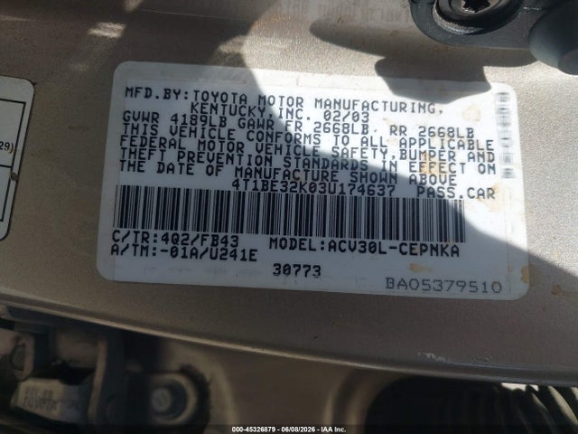 2003 Toyota Camry Le მანქანა იყიდება აუქციონზე, vin: 4T1BE32K03U174637, აუქციონის ნომერი: 45326879