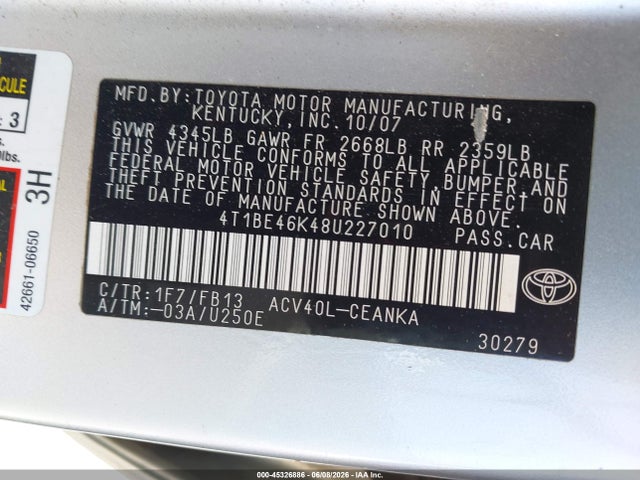 Aukcja sprzedaży 2008 Toyota Camry, vin: 4T1BE46K48U227010, numer aukcji: 45326886