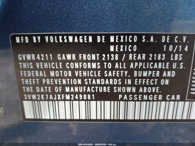Aukcja sprzedaży 2015 Volkswagen Jetta 2.0l S, vin: 3VW2K7AJXFM249881, numer aukcji: 45326892
