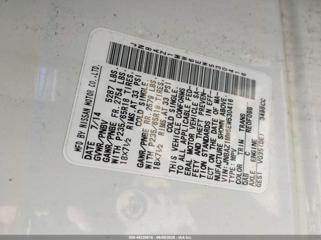 Aukcja sprzedaży 2014 Nissan Murano Sv, vin: JN8AZ1MW6EW530416, numer aukcji: 45326916