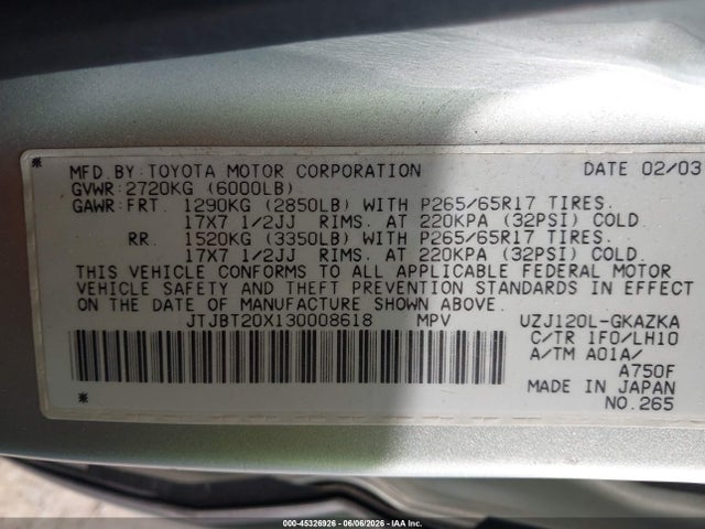Aukcja sprzedaży 2003 Lexus Gx 470, vin: JTJBT20X130008618, numer aukcji: 45326926
