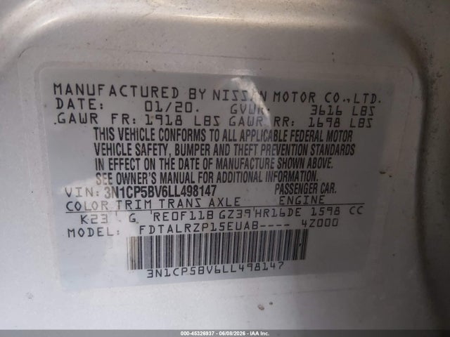 3N1CP5BV6LL498147 Nissan Kicks S Xtronic Cvt