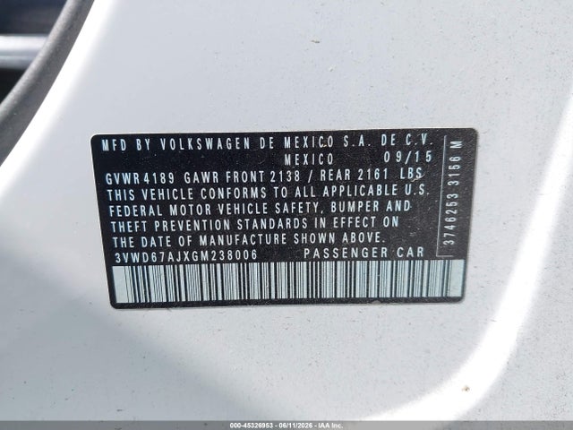 Aukcja sprzedaży 2016 Volkswagen Jetta 1.4t Se, vin: 3VWD67AJXGM238006, numer aukcji: 45326953