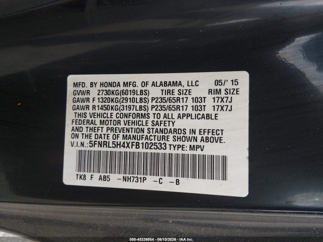 2015 Honda Odyssey Ex მანქანა იყიდება აუქციონზე, vin: 5FNRL5H4XFB102533, აუქციონის ნომერი: 45326954