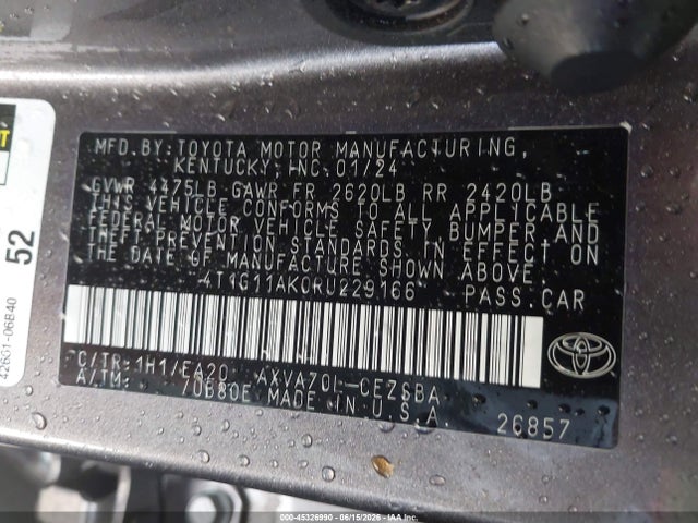Продажа на аукционе авто 2024 Toyota Camry Se, vin: 4T1G11AK0RU229166, номер лота: 45326990