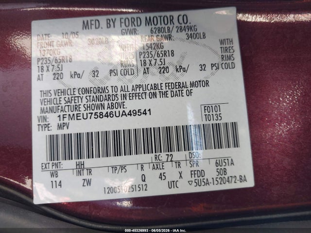 Aukcja sprzedaży 2006 Ford Explorer Limited, vin: 1FMEU75846UA49541, numer aukcji: 45326993