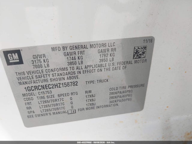 Aukcja sprzedaży 2017 Chevrolet Silverado 1500 Wt, vin: 1GCRCNEC2HZ158782, numer aukcji: 45327002