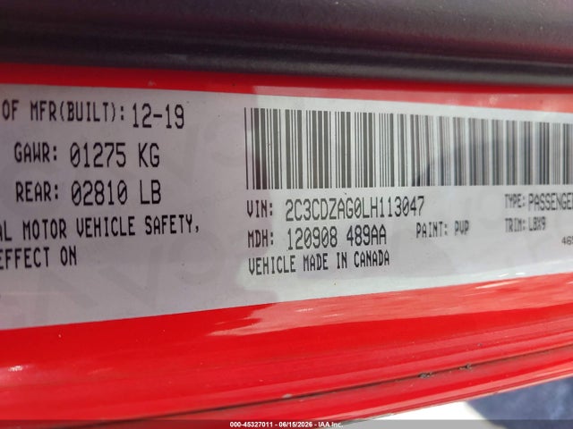 Aukcja sprzedaży 2020 Dodge Challenger Sxt, vin: 2C3CDZAG0LH113047, numer aukcji: 45327011
