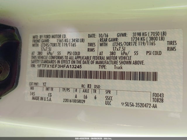 Aukcja sprzedaży 2017 Ford F-150 Xl, vin: 1FTFX1EF3HFA13245, numer aukcji: 45327016
