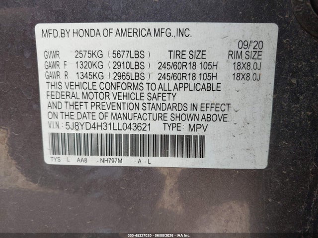 2020 Acura Mdx Standard მანქანა იყიდება აუქციონზე, vin: 5J8YD4H31LL043621, აუქციონის ნომერი: 45327020