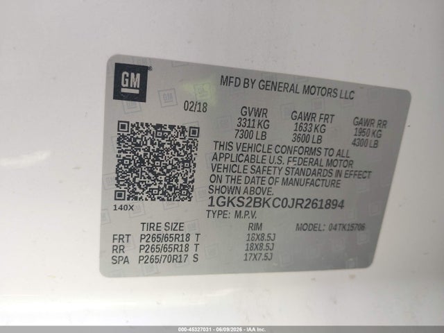 Продаж на аукціоні авто 2018 Gmc Yukon Slt, vin: 1GKS2BKC0JR261894, номер лоту: 45327031