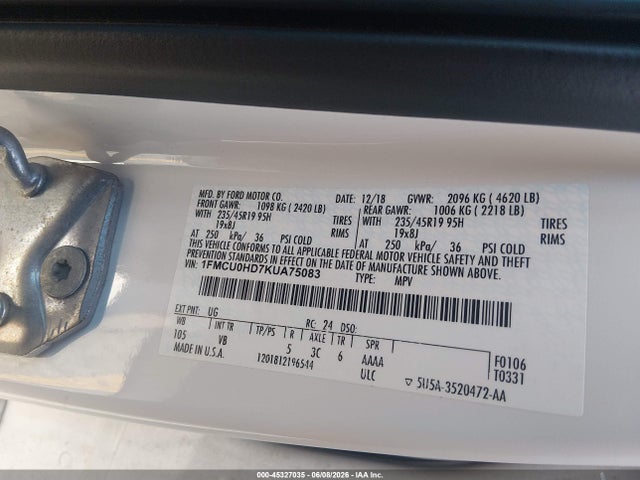 Aukcja sprzedaży 2019 Ford Escape Sel, vin: 1FMCU0HD7KUA75083, numer aukcji: 45327035
