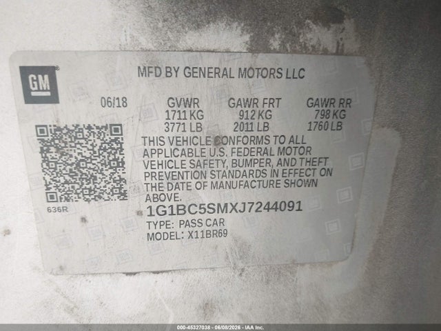 Продажа на аукционе авто 2018 Chevrolet Cruze Ls Auto, vin: 1G1BC5SMXJ7244091, номер лота: 45327038