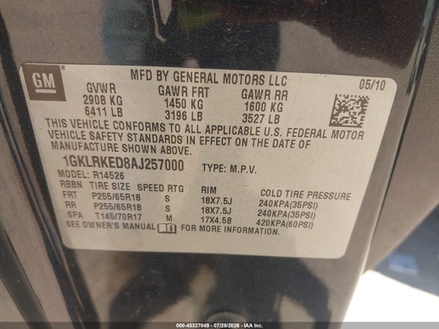 45327049 :رقم المزاد ، 1GKLRKED8AJ257000 vin ، 2010 Gmc Acadia Sl مزاد بيع