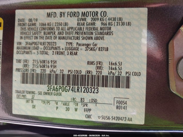 Продажа на аукционе авто 2020 Ford Fusion S, vin: 3FA6P0G74LR120323, номер лота: 45327058