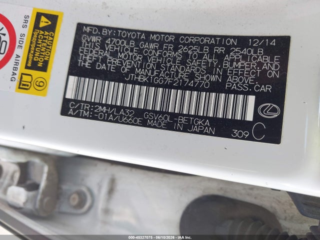 45327075 :رقم المزاد ، JTHBK1GG7F2174770 vin ، 2015 Lexus Es 350 Crafted Line مزاد بيع