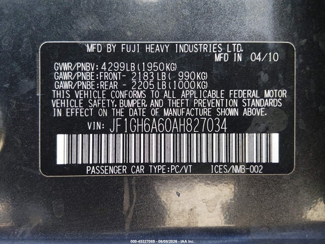 2010 Subaru Impreza 2.5i მანქანა იყიდება აუქციონზე, vin: JF1GH6A60AH827034, აუქციონის ნომერი: 45327089