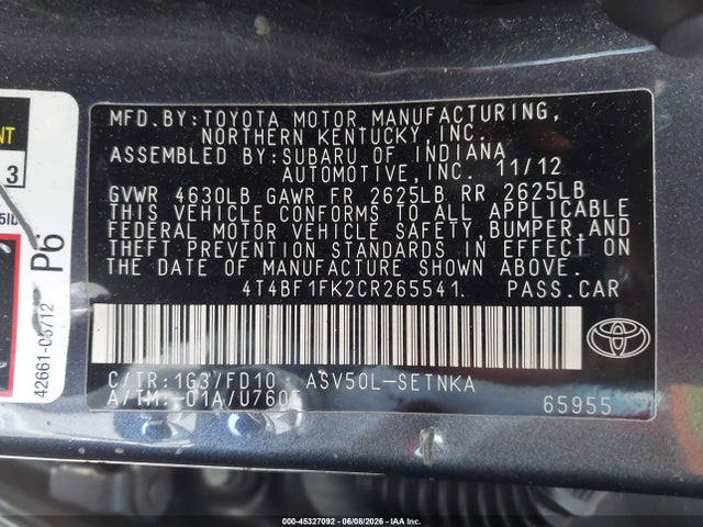 Auction sale of the 2012 Toyota Camry Le, vin: 4T4BF1FK2CR265541, lot number: 45327092