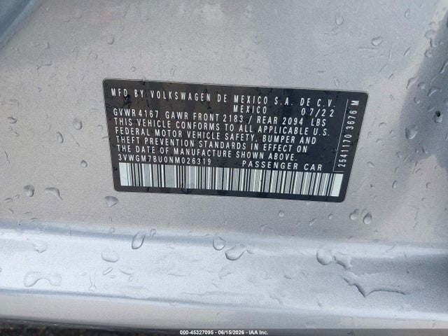 2022 Volkswagen Jetta 1.5t Sel მანქანა იყიდება აუქციონზე, vin: 3VWGM7BU0NM026319, აუქციონის ნომერი: 45327095