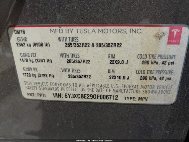 5YJXCBE29GF006712 Tesla Model X 60d/70d/75d/90d/p100d