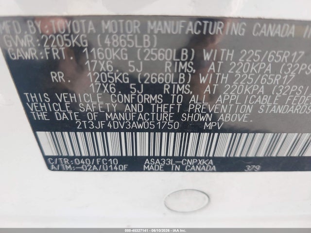 Aukcja sprzedaży 2010 Toyota Rav4, vin: 2T3JF4DV3AW051750, numer aukcji: 45327141