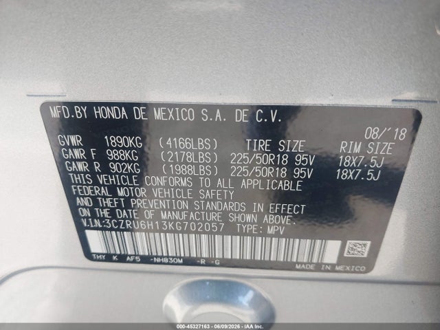 45327163 :رقم المزاد ، 3CZRU6H13KG702057 vin ، 2019 Honda Hr-v Sport مزاد بيع