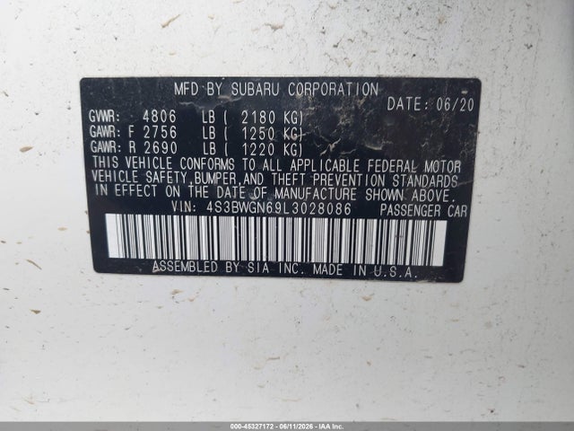 2020 Subaru Legacy Limited Xt მანქანა იყიდება აუქციონზე, vin: 4S3BWGN69L3028086, აუქციონის ნომერი: 45327172