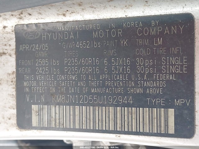2005 Hyundai Tucson Gls/lx მანქანა იყიდება აუქციონზე, vin: KM8JN12D55U192944, აუქციონის ნომერი: 45327198