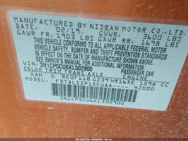3N1CP5CU6KL502900 Nissan KICKS SV