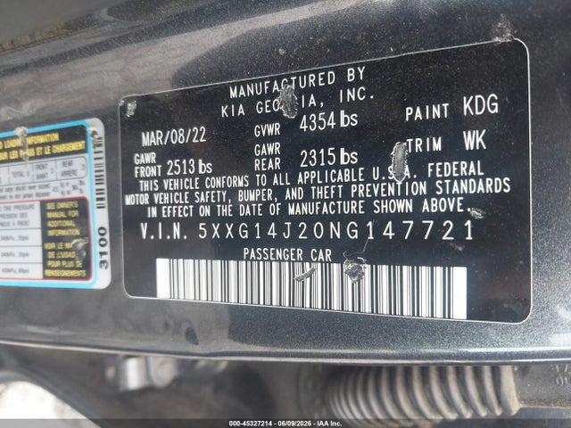 45327214 :رقم المزاد ، 5XXG14J20NG147721 vin ، 2022 Kia K5 Lxs مزاد بيع