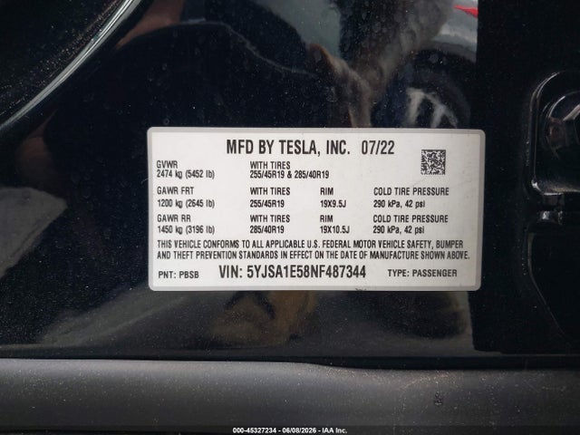 Продажа на аукционе авто 2022 Tesla Model S Dual Motor All-wheel Drive, vin: 5YJSA1E58NF487344, номер лота: 45327234