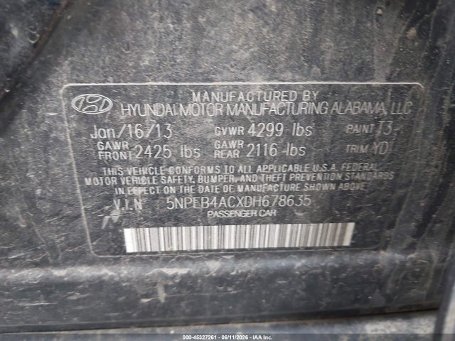 Продажа на аукционе авто 2013 Hyundai Sonata Gls, vin: 5NPEB4ACXDH678635, номер лота: 45327261