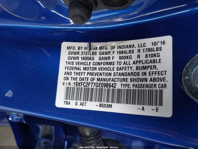 45327295 :رقم المزاد ، 19XFC2F77GE098642 vin ، 2016 Honda Civic Ex مزاد بيع