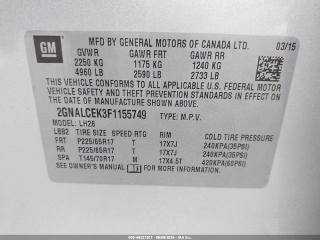 2015 Chevrolet Equinox 2lt მანქანა იყიდება აუქციონზე, vin: 2GNALCEK3F1155749, აუქციონის ნომერი: 45327307