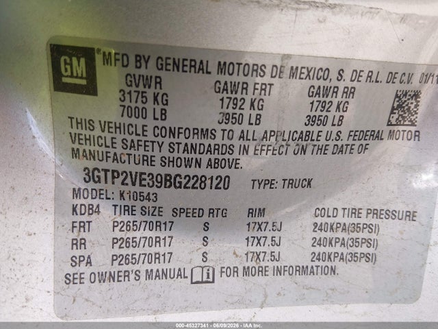 45327341 :رقم المزاد ، 3GTP2VE39BG228120 vin ، 2011 Gmc Sierra 1500 Sle مزاد بيع