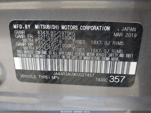 Продаж на аукціоні авто 2019 Mitsubishi Outlander Sport 2.0 Se, vin: JA4AR3AU9KU027457, номер лоту: 45327344