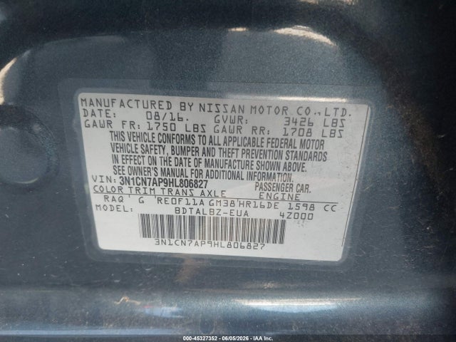 3N1CN7AP9HL806827 Nissan Versa 1.6 Sv