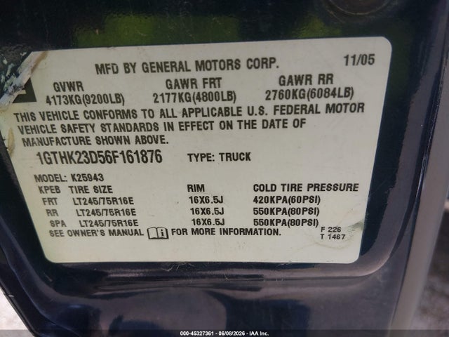 45327361 :رقم المزاد ، 1GTHK23D56F161876 vin ، 2006 Gmc Sierra 2500hd Sle2 مزاد بيع