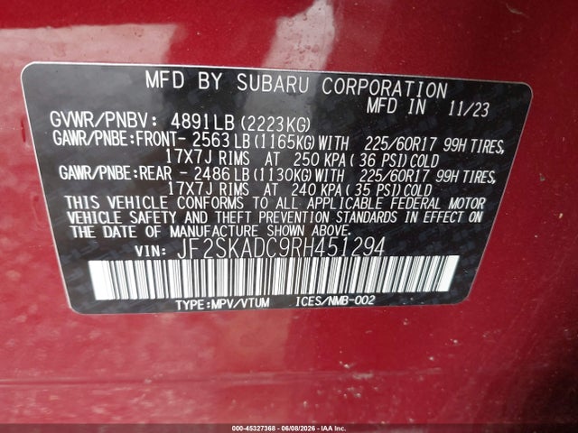 Aukcja sprzedaży 2024 Subaru Forester Premium, vin: JF2SKADC9RH451294, numer aukcji: 45327368