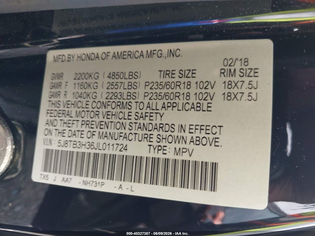 Aukcja sprzedaży 2018 Acura Rdx Acurawatch Plus Package, vin: 5J8TB3H36JL011724, numer aukcji: 45327387