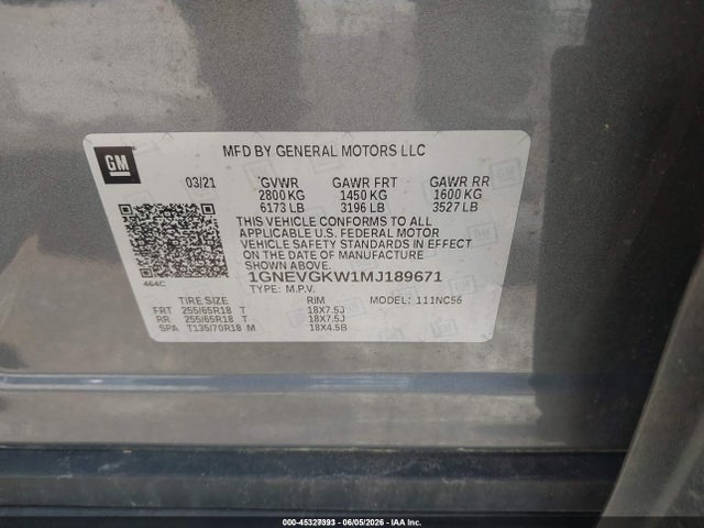 1GNEVGKW1MJ189671 Chevrolet Traverse Awd Lt Cloth