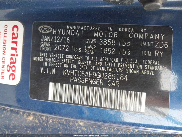 45327396 :رقم المزاد ، KMHTC6AE9GU289184 vin ، 2016 Hyundai Veloster Turbo مزاد بيع