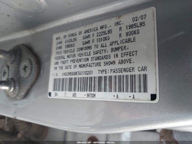 Продажа на аукционе авто 2007 Honda Accord 2.4 Ex, vin: 1HGCM56887A110201, номер лота: 45327397