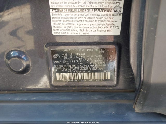 2010 Subaru Outback 3.6r Premium მანქანა იყიდება აუქციონზე, vin: 4S4BRDHC3A2367724, აუქციონის ნომერი: 45327418